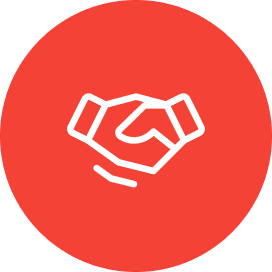 Handshake icon on red circular background.