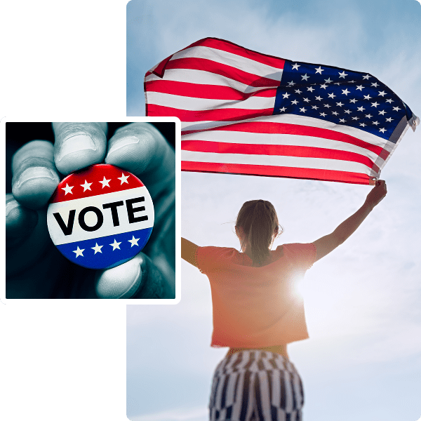 Person holding flag, inset with "Vote" button.